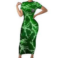 Personalized Darts Lightning Green Storm Family Matching Short Sleeve Bodycon Dress and Hawaiian Shirt with Electric Energy Pattern and Dartboard Graphics - Wonder Print Shop