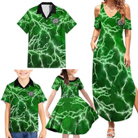 Personalized Darts Lightning Green Storm Family Matching Summer Maxi Dress and Hawaiian Shirt with Electric Energy Pattern and Dartboard Graphics - Wonder Print Shop