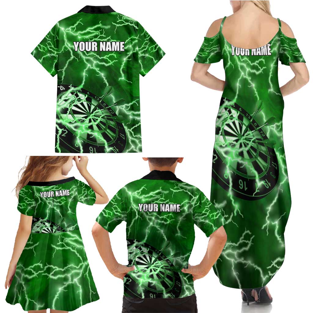 Personalized Darts Lightning Green Storm Family Matching Summer Maxi Dress and Hawaiian Shirt with Electric Energy Pattern and Dartboard Graphics - Wonder Print Shop
