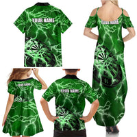 Personalized Darts Lightning Green Storm Family Matching Summer Maxi Dress and Hawaiian Shirt with Electric Energy Pattern and Dartboard Graphics - Wonder Print Shop