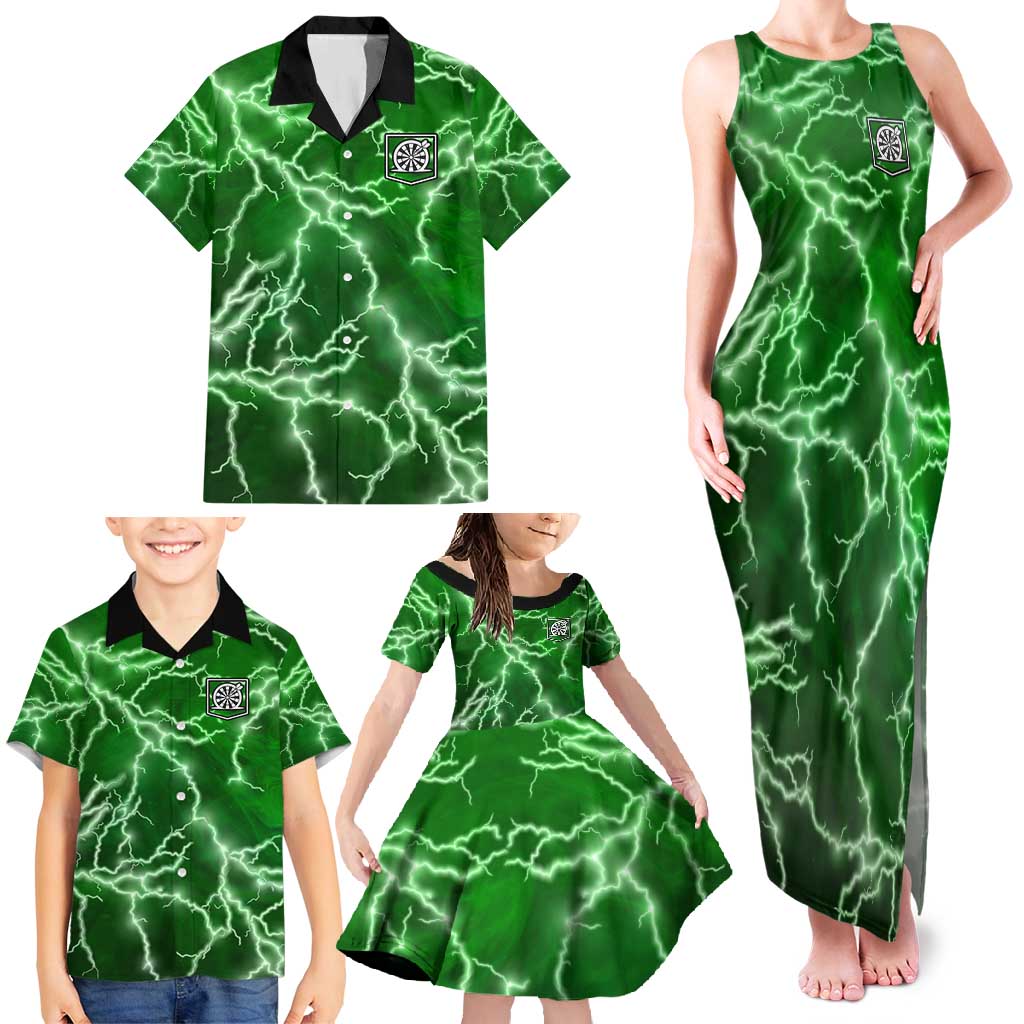 Personalized Darts Lightning Green Storm Family Matching Tank Maxi Dress and Hawaiian Shirt with Electric Energy Pattern and Dartboard Graphics - Wonder Print Shop