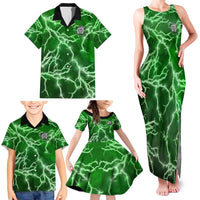 Personalized Darts Lightning Green Storm Family Matching Tank Maxi Dress and Hawaiian Shirt with Electric Energy Pattern and Dartboard Graphics - Wonder Print Shop