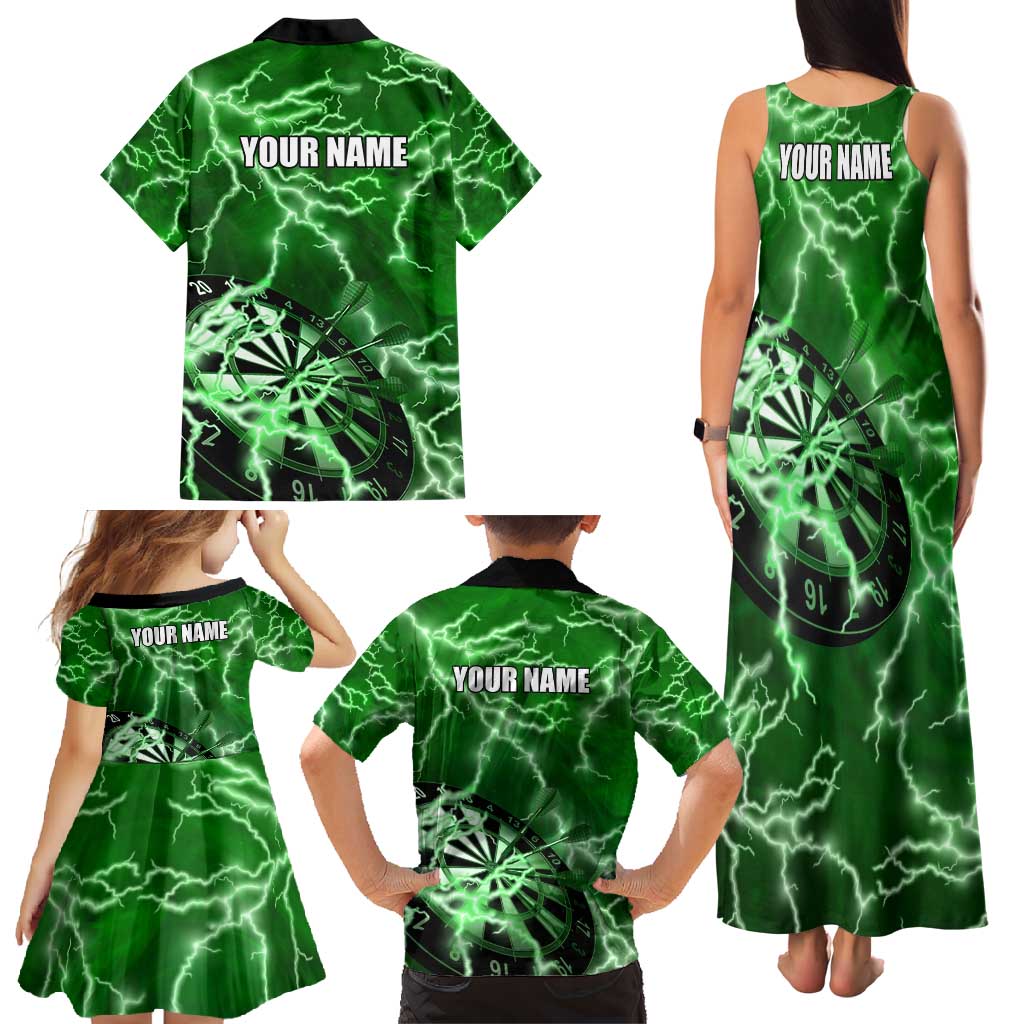Personalized Darts Lightning Green Storm Family Matching Tank Maxi Dress and Hawaiian Shirt with Electric Energy Pattern and Dartboard Graphics - Wonder Print Shop