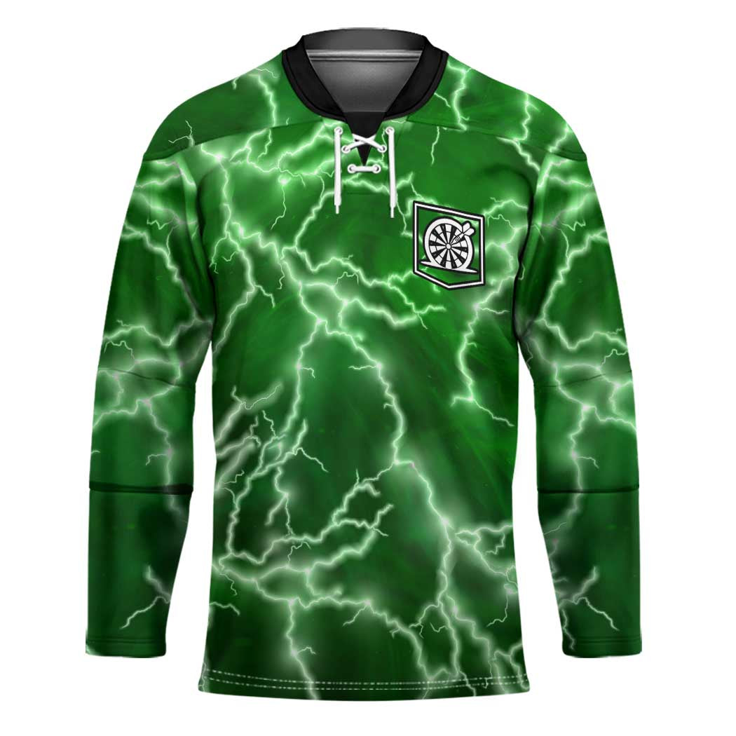 Personalized Darts Lightning Green Storm Hockey Jersey with Electric Energy Pattern and Dartboard Graphics - Wonder Print Shop