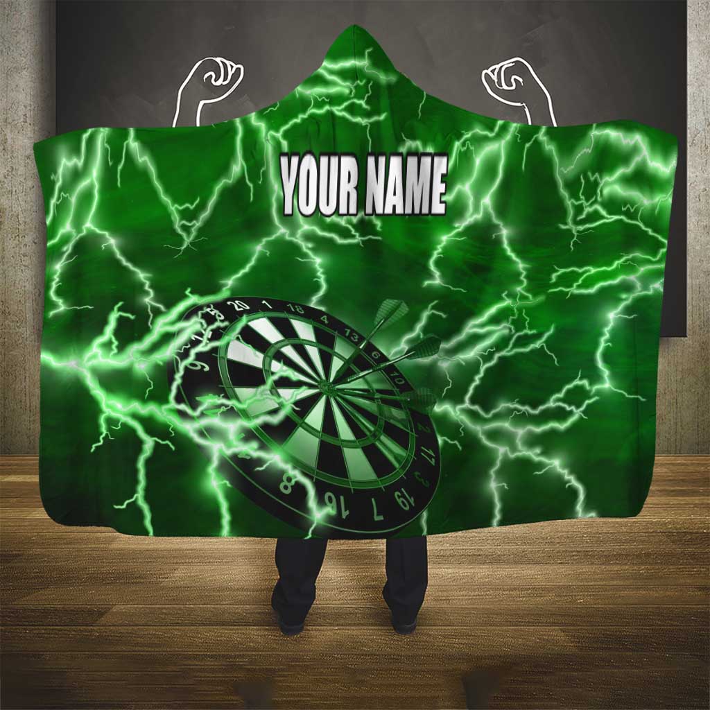 Personalized Darts Lightning Green Storm Hooded Blanket with Electric Energy Pattern and Dartboard Graphics - Wonder Print Shop