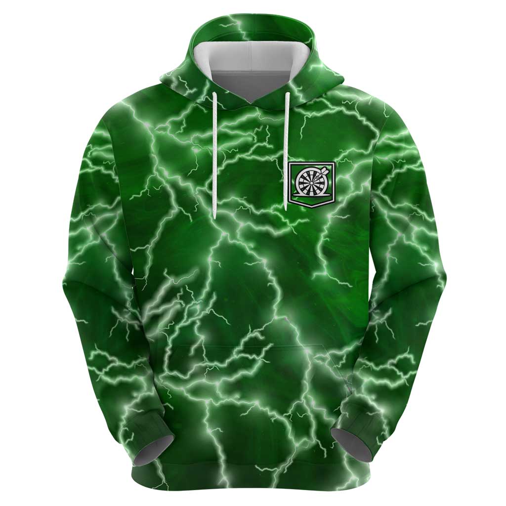 Personalized Darts Lightning Green Storm Hoodie with Electric Energy Pattern and Dartboard Graphics - Wonder Print Shop