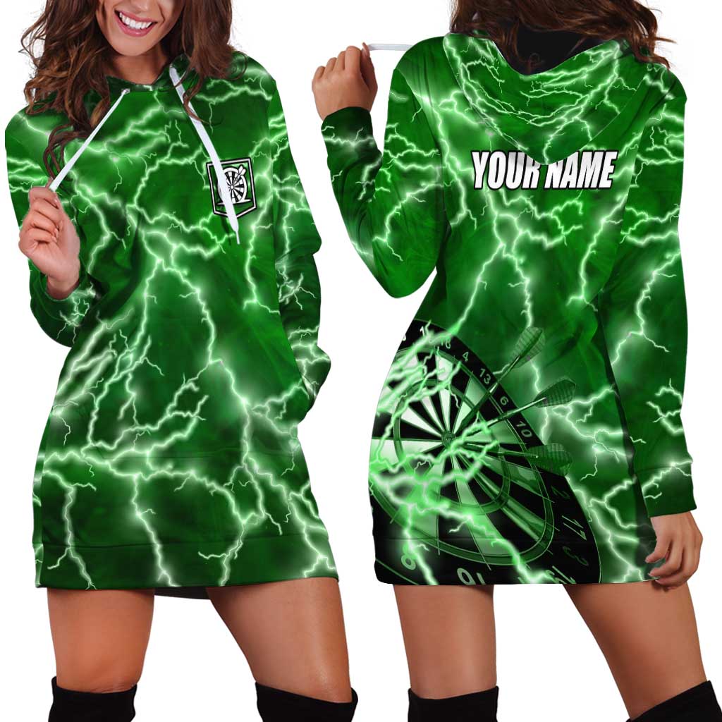 Personalized Darts Lightning Green Storm Hoodie Dress with Electric Energy Pattern and Dartboard Graphics - Wonder Print Shop