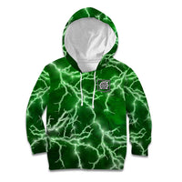 Personalized Darts Lightning Green Storm Kid Hoodie with Electric Energy Pattern and Dartboard Graphics - Wonder Print Shop