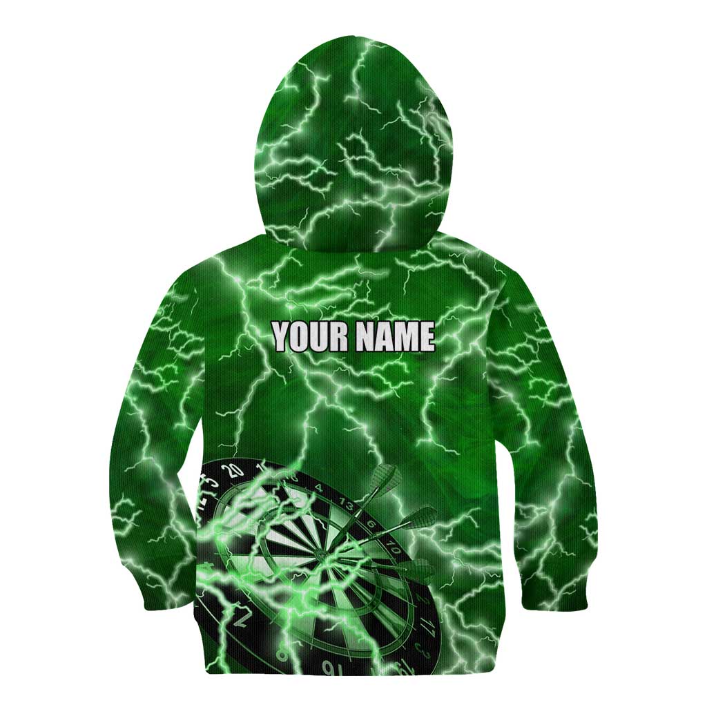 Personalized Darts Lightning Green Storm Kid Hoodie with Electric Energy Pattern and Dartboard Graphics - Wonder Print Shop