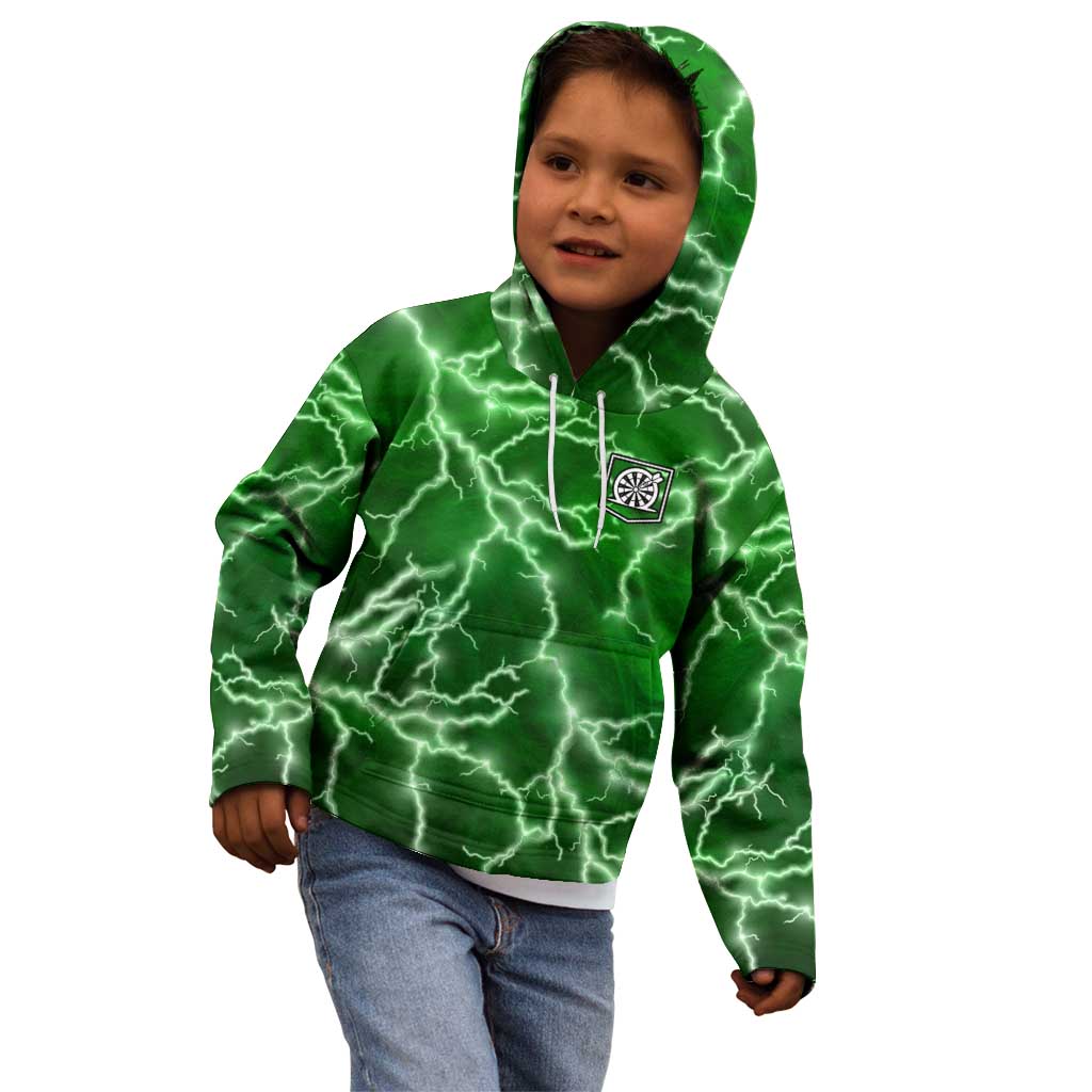 Personalized Darts Lightning Green Storm Kid Hoodie with Electric Energy Pattern and Dartboard Graphics - Wonder Print Shop