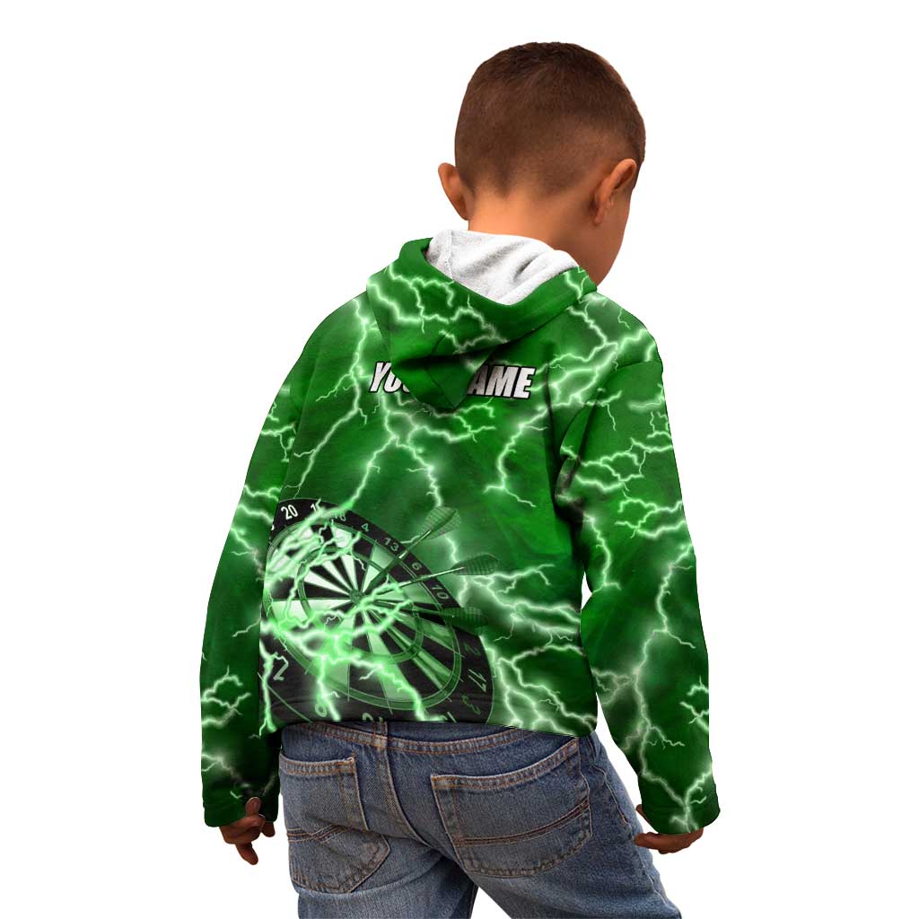 Personalized Darts Lightning Green Storm Kid Hoodie with Electric Energy Pattern and Dartboard Graphics - Wonder Print Shop