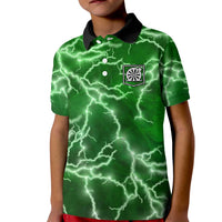 Personalized Darts Lightning Green Storm Kid Polo Shirt with Electric Energy Pattern and Dartboard Graphics - Wonder Print Shop