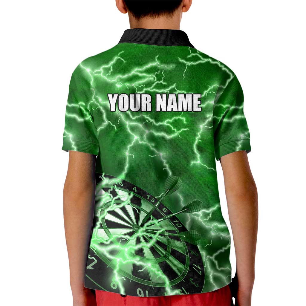 Personalized Darts Lightning Green Storm Kid Polo Shirt with Electric Energy Pattern and Dartboard Graphics - Wonder Print Shop