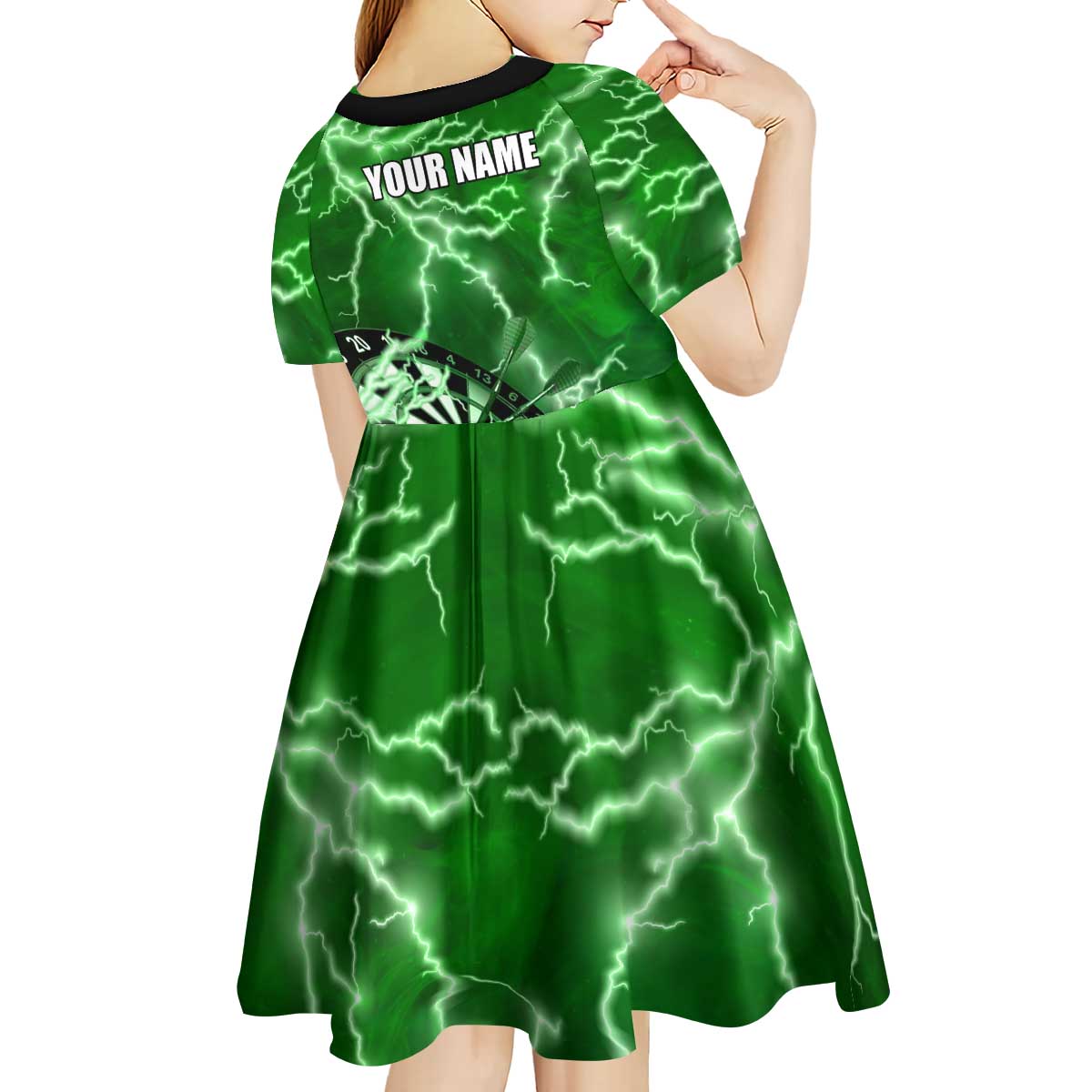 Personalized Darts Lightning Green Storm Kid Short Sleeve Dress with Electric Energy Pattern and Dartboard Graphics - Wonder Print Shop