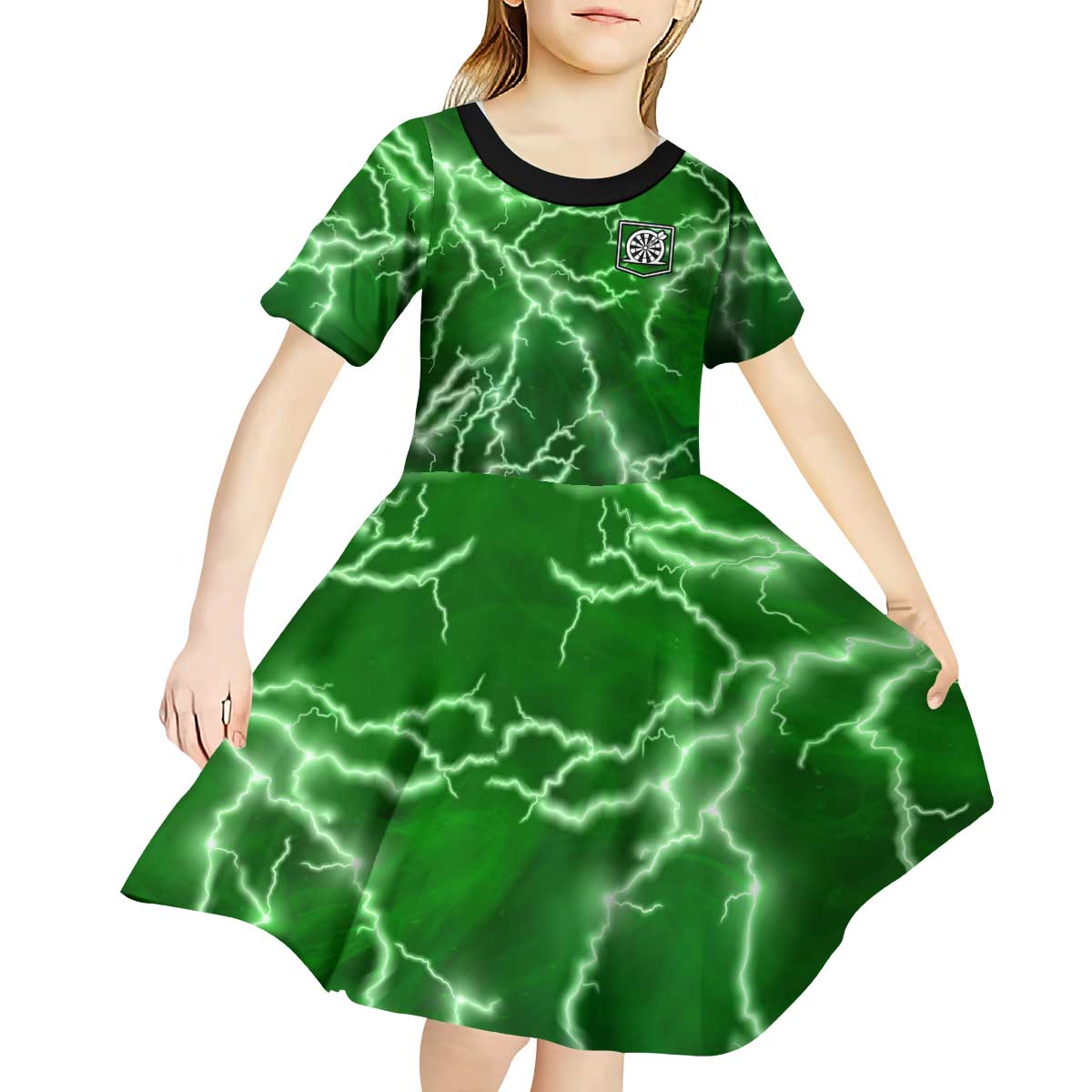 Personalized Darts Lightning Green Storm Kid Short Sleeve Dress with Electric Energy Pattern and Dartboard Graphics - Wonder Print Shop