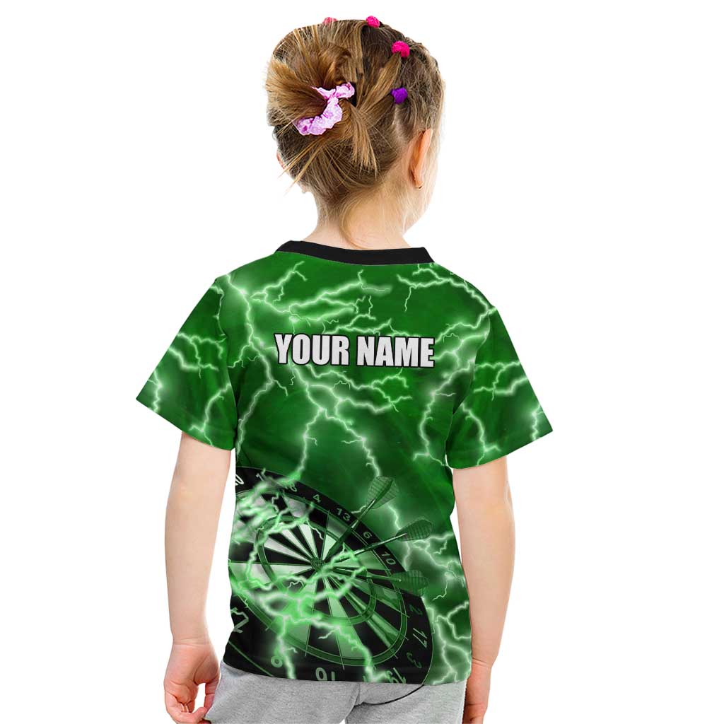 Personalized Darts Lightning Green Storm Kid T Shirt with Electric Energy Pattern and Dartboard Graphics - Wonder Print Shop
