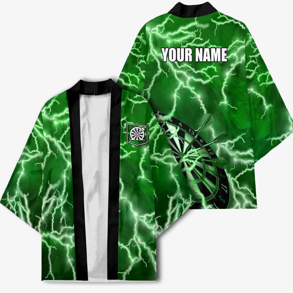 Personalized Darts Lightning Green Storm Kimono with Electric Energy Pattern and Dartboard Graphics - Wonder Print Shop