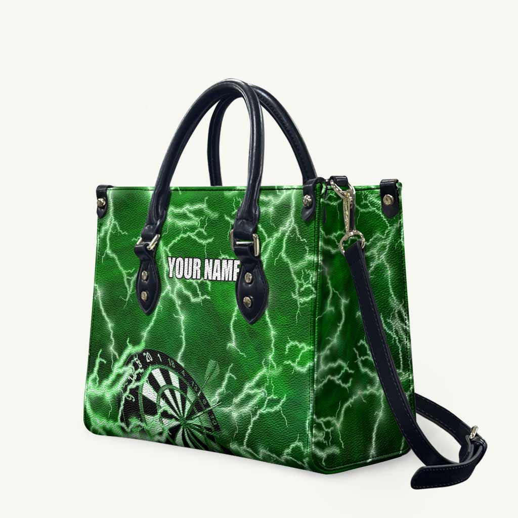 Personalized Darts Lightning Green Storm Leather Bag with Electric Energy Pattern and Dartboard Graphics - Wonder Print Shop