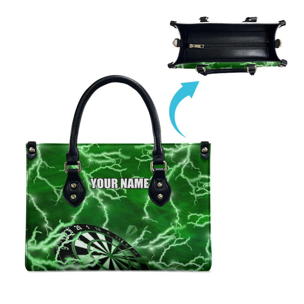 Personalized Darts Lightning Green Storm Leather Bag with Electric Energy Pattern and Dartboard Graphics - Wonder Print Shop