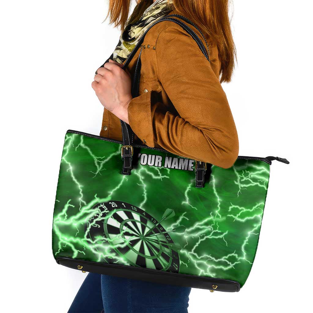 Personalized Darts Lightning Green Storm Leather Tote Bag with Electric Energy Pattern and Dartboard Graphics - Wonder Print Shop