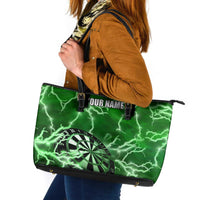 Personalized Darts Lightning Green Storm Leather Tote Bag with Electric Energy Pattern and Dartboard Graphics - Wonder Print Shop