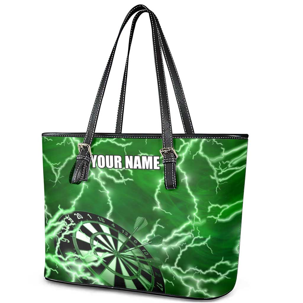 Personalized Darts Lightning Green Storm Leather Tote Bag with Electric Energy Pattern and Dartboard Graphics - Wonder Print Shop