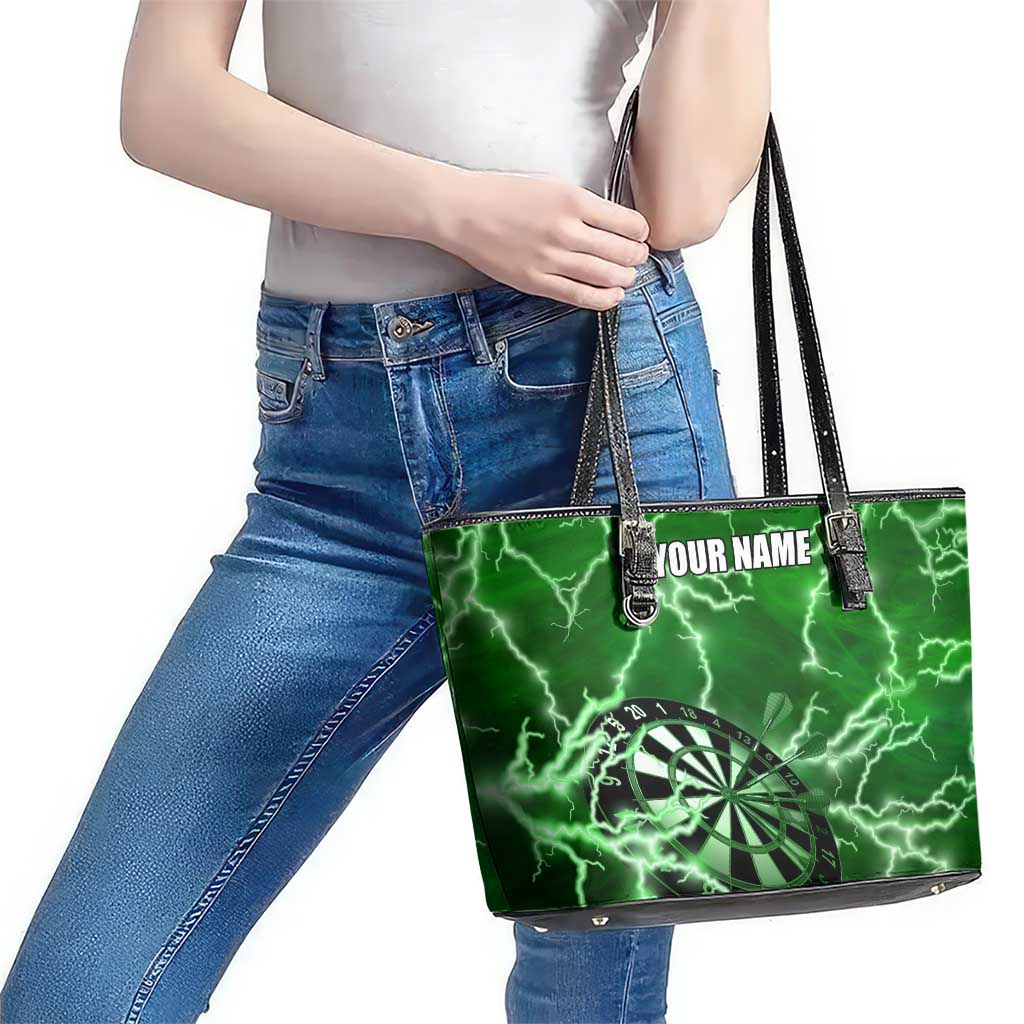 Personalized Darts Lightning Green Storm Leather Tote Bag with Electric Energy Pattern and Dartboard Graphics - Wonder Print Shop