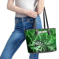Personalized Darts Lightning Green Storm Leather Tote Bag with Electric Energy Pattern and Dartboard Graphics - Wonder Print Shop