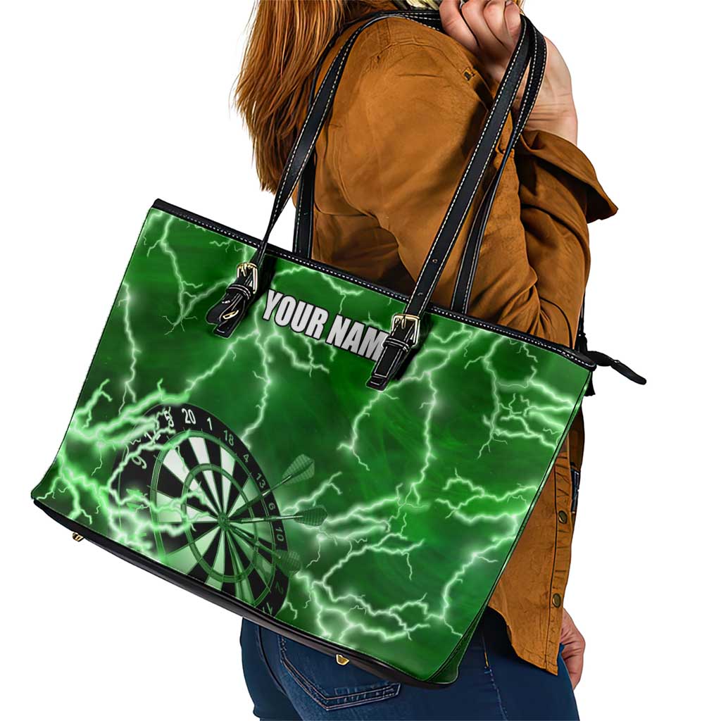 Personalized Darts Lightning Green Storm Leather Tote Bag with Electric Energy Pattern and Dartboard Graphics - Wonder Print Shop