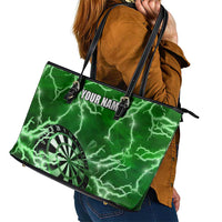Personalized Darts Lightning Green Storm Leather Tote Bag with Electric Energy Pattern and Dartboard Graphics - Wonder Print Shop