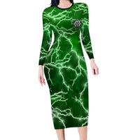 Personalized Darts Lightning Green Storm Long Sleeve Bodycon Dress with Electric Energy Pattern and Dartboard Graphics - Wonder Print Shop