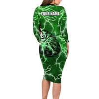 Personalized Darts Lightning Green Storm Long Sleeve Bodycon Dress with Electric Energy Pattern and Dartboard Graphics - Wonder Print Shop