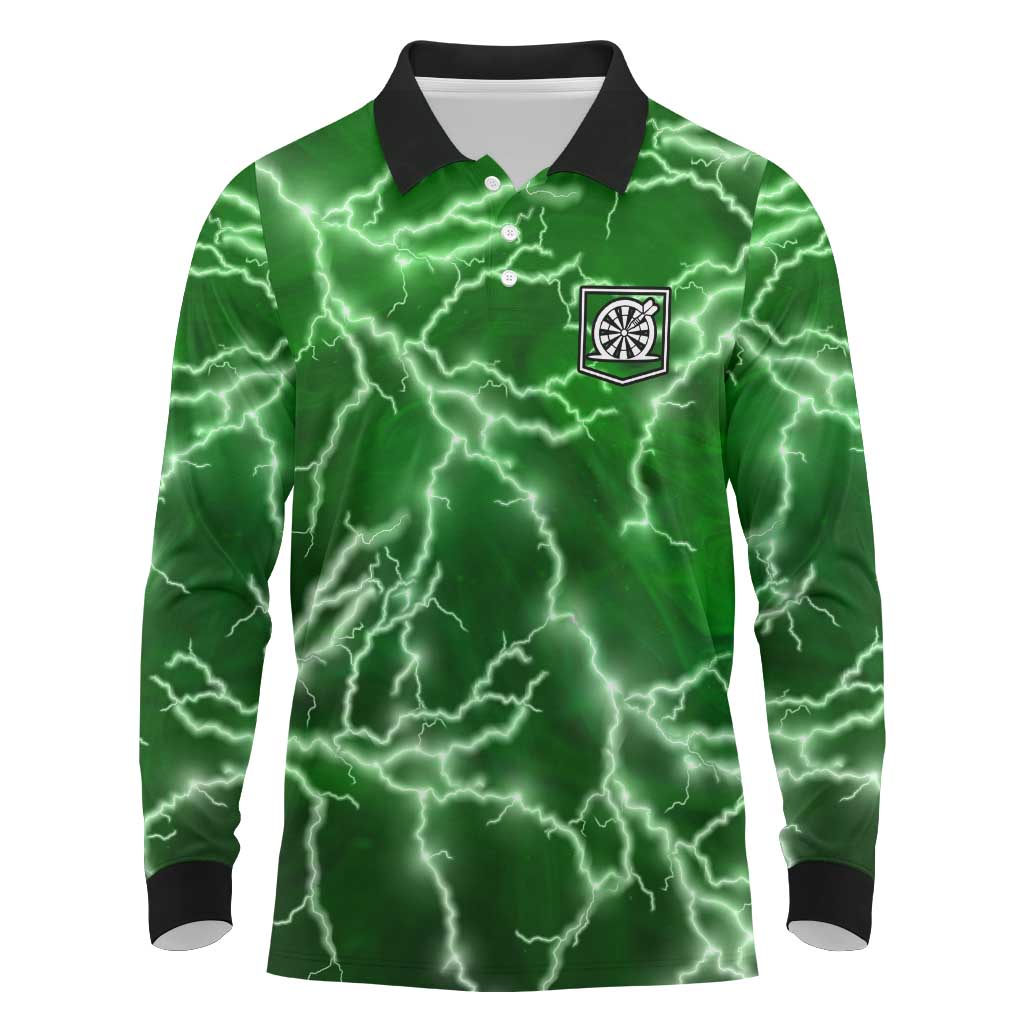 Personalized Darts Lightning Green Storm Long Sleeve Polo Shirt with Electric Energy Pattern and Dartboard Graphics - Wonder Print Shop