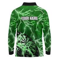Personalized Darts Lightning Green Storm Long Sleeve Polo Shirt with Electric Energy Pattern and Dartboard Graphics - Wonder Print Shop