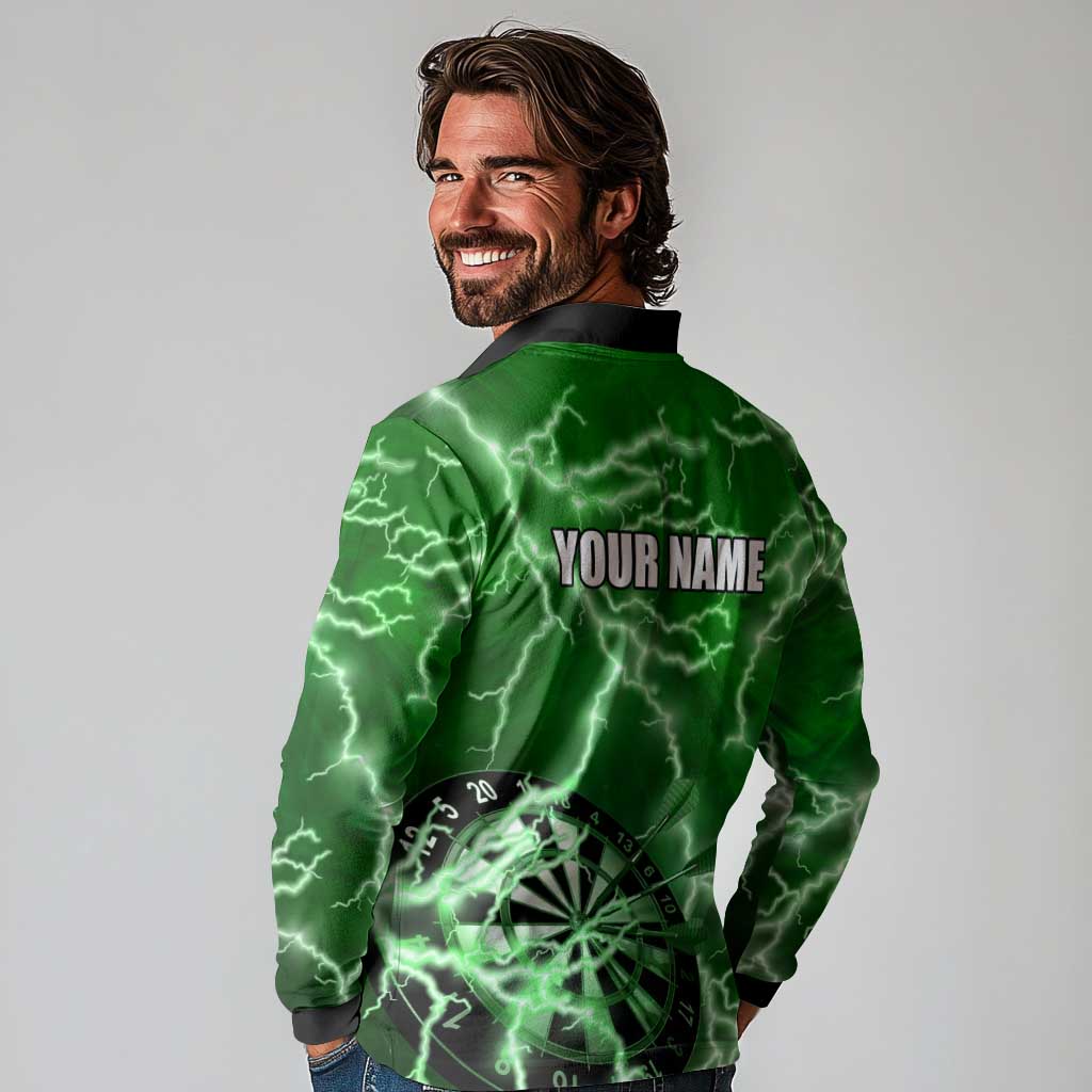 Personalized Darts Lightning Green Storm Long Sleeve Polo Shirt with Electric Energy Pattern and Dartboard Graphics - Wonder Print Shop