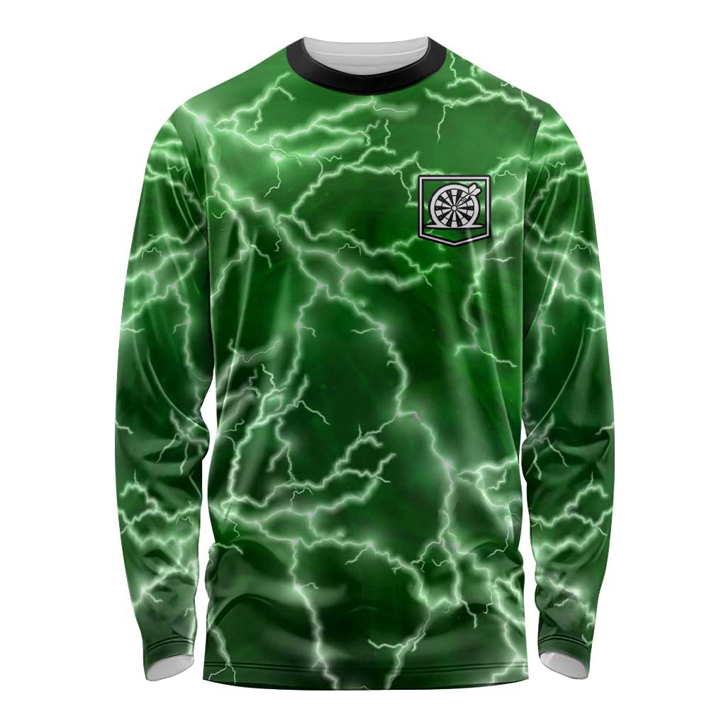 Personalized Darts Lightning Green Storm Long Sleeve Shirt with Electric Energy Pattern and Dartboard Graphics - Wonder Print Shop