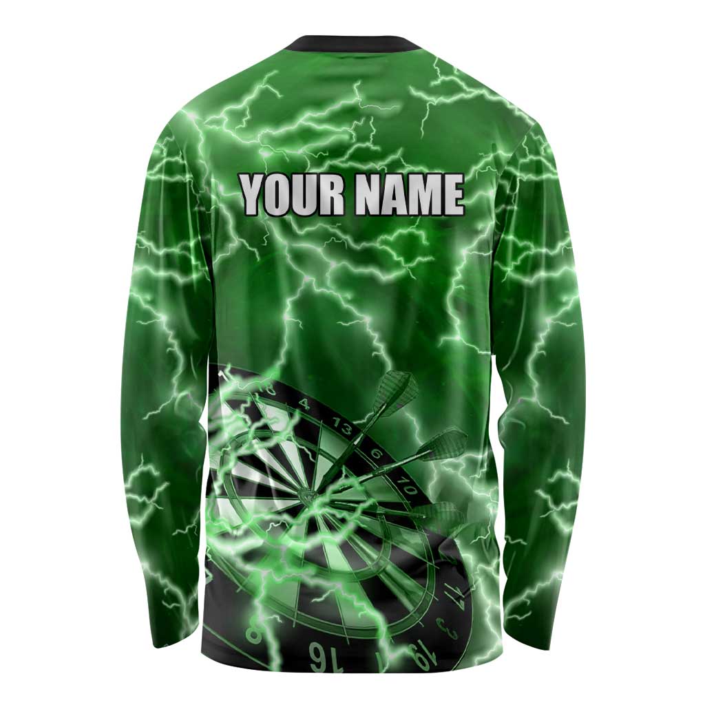 Personalized Darts Lightning Green Storm Long Sleeve Shirt with Electric Energy Pattern and Dartboard Graphics - Wonder Print Shop