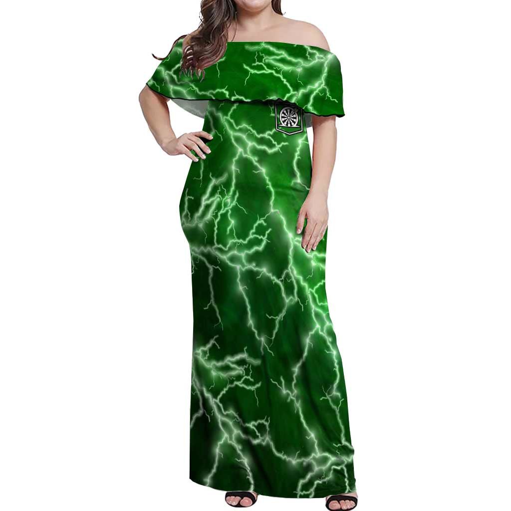 Personalized Darts Lightning Green Storm Off Shoulder Maxi Dress with Electric Energy Pattern and Dartboard Graphics - Wonder Print Shop