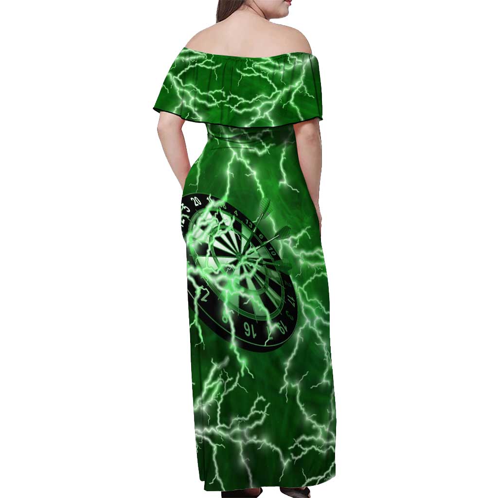 Personalized Darts Lightning Green Storm Off Shoulder Maxi Dress with Electric Energy Pattern and Dartboard Graphics - Wonder Print Shop