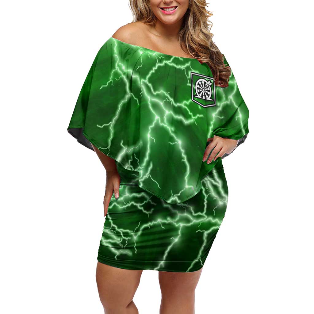 Personalized Darts Lightning Green Storm Off Shoulder Short Dress with Electric Energy Pattern and Dartboard Graphics - Wonder Print Shop