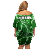 Personalized Darts Lightning Green Storm Off Shoulder Short Dress with Electric Energy Pattern and Dartboard Graphics - Wonder Print Shop