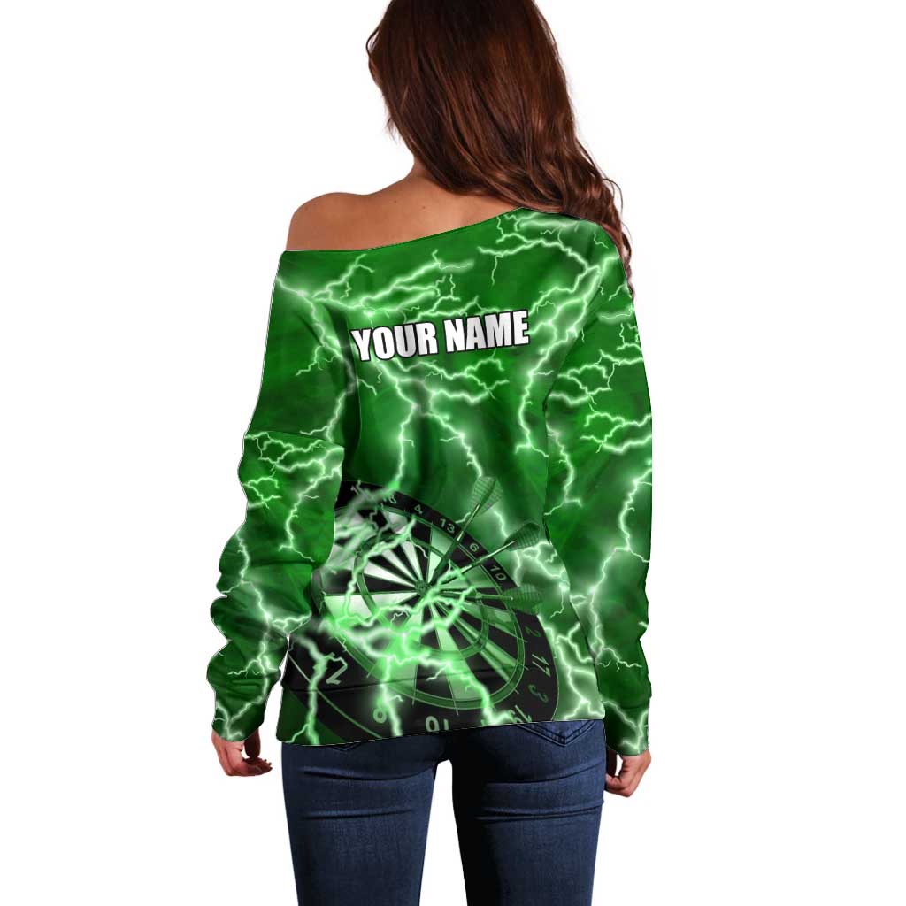 Personalized Darts Lightning Green Storm Off Shoulder Sweater with Electric Energy Pattern and Dartboard Graphics - Wonder Print Shop
