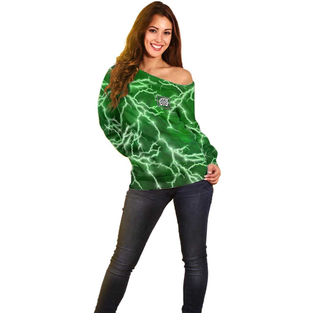 Personalized Darts Lightning Green Storm Off Shoulder Sweater with Electric Energy Pattern and Dartboard Graphics - Wonder Print Shop