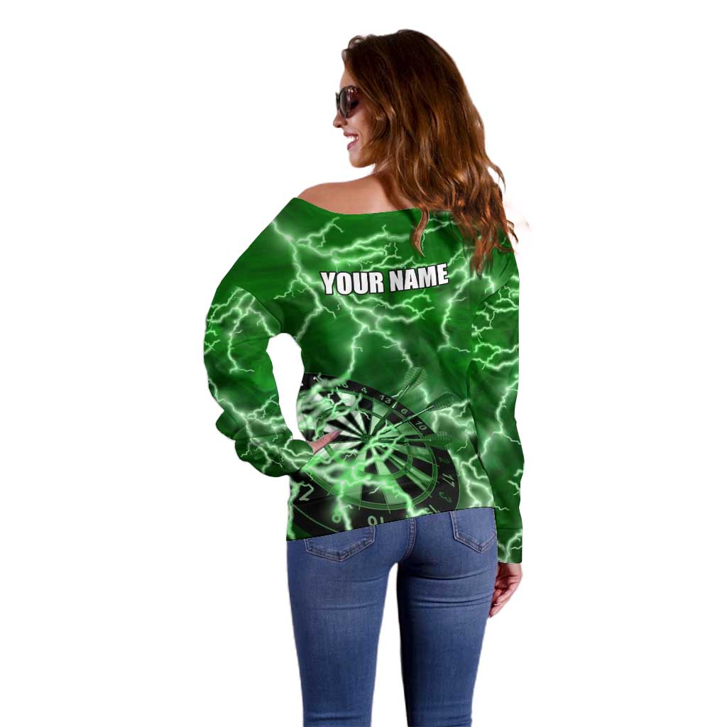 Personalized Darts Lightning Green Storm Off Shoulder Sweater with Electric Energy Pattern and Dartboard Graphics - Wonder Print Shop