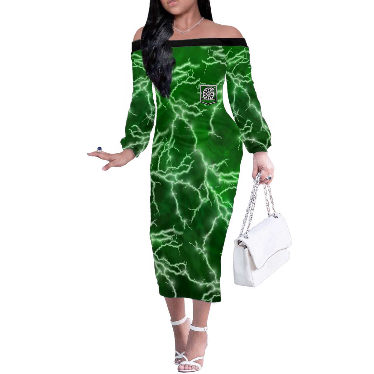 Personalized Darts Lightning Green Storm Off The Shoulder Long Sleeve Dress with Electric Energy Pattern and Dartboard Graphics - Wonder Print Shop