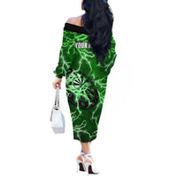 Personalized Darts Lightning Green Storm Off The Shoulder Long Sleeve Dress with Electric Energy Pattern and Dartboard Graphics - Wonder Print Shop