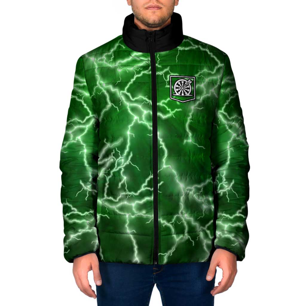 Personalized Darts Lightning Green Storm Padded Jacket with Electric Energy Pattern and Dartboard Graphics - Wonder Print Shop
