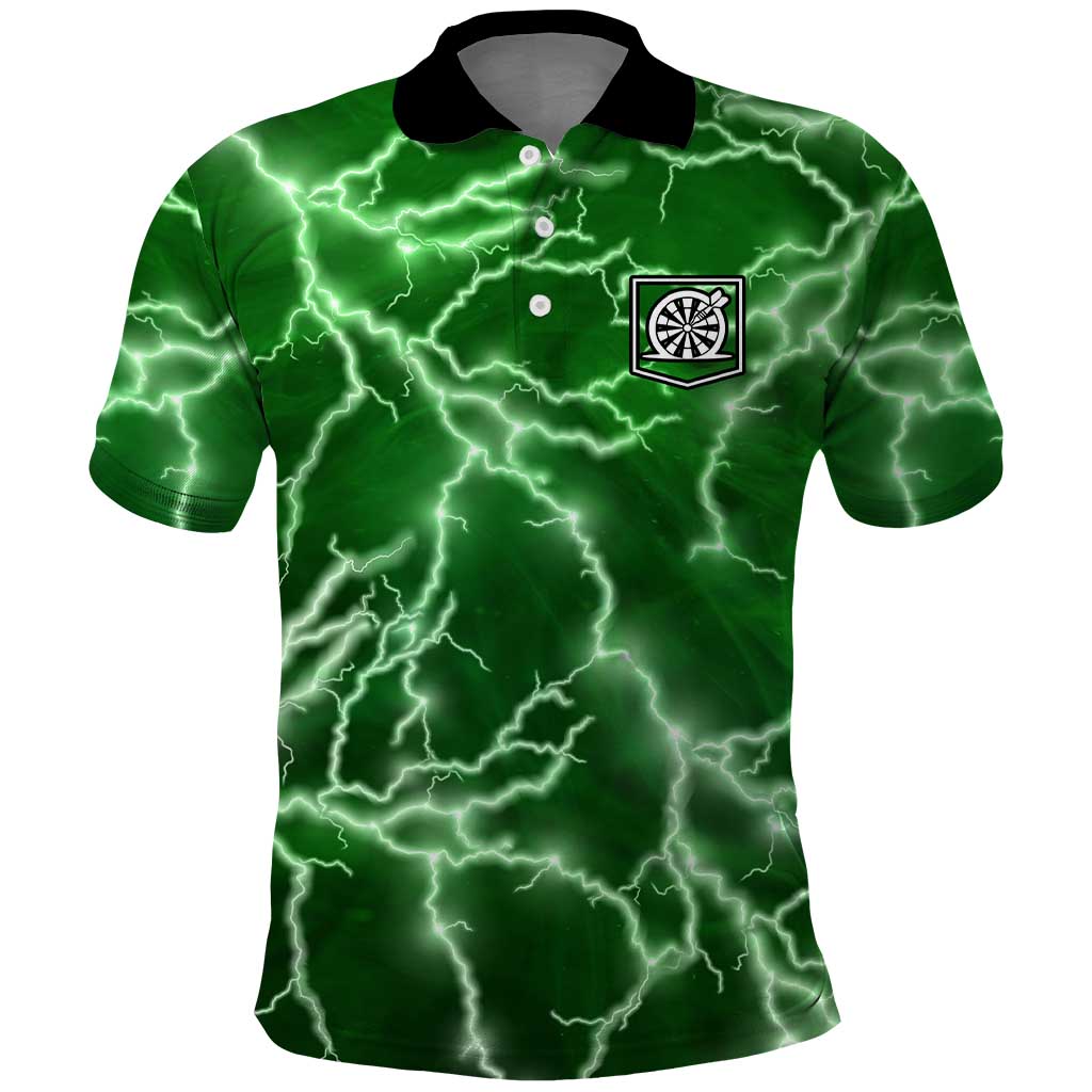 Personalized Darts Lightning Green Storm Polo Shirt with Electric Energy Pattern and Dartboard Graphics - Wonder Print Shop