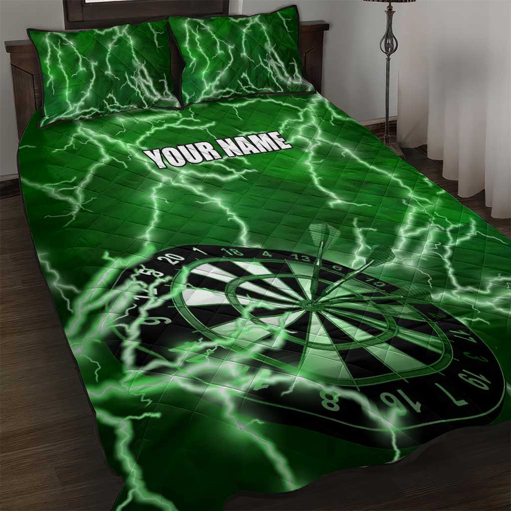Personalized Darts Lightning Green Storm Quilt Bed Set with Electric Energy Pattern and Dartboard Graphics - Wonder Print Shop