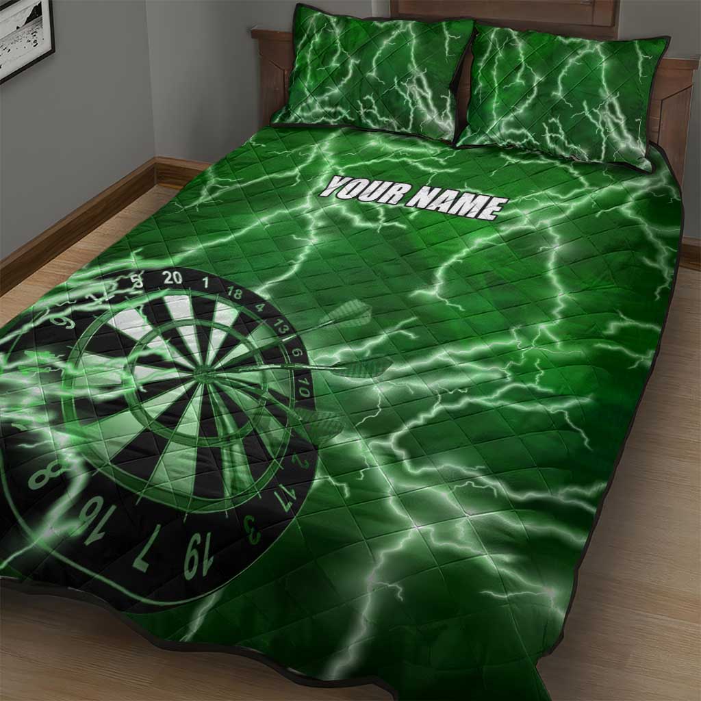 Personalized Darts Lightning Green Storm Quilt Bed Set with Electric Energy Pattern and Dartboard Graphics - Wonder Print Shop